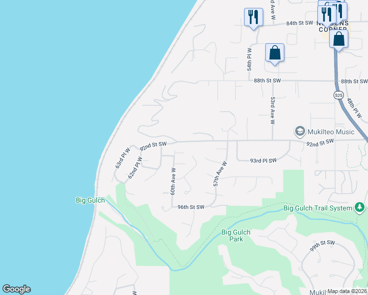 map of restaurants, bars, coffee shops, grocery stores, and more near 9219 60th Avenue West in Mukilteo
