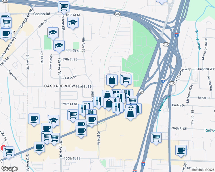 map of restaurants, bars, coffee shops, grocery stores, and more near 9300 West Mall Drive in Everett