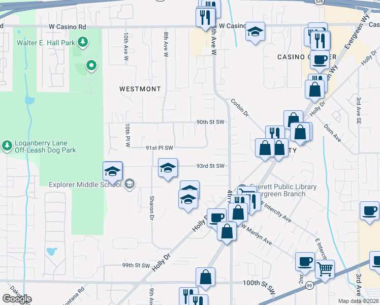 map of restaurants, bars, coffee shops, grocery stores, and more near 616 91st Place Southwest in Everett