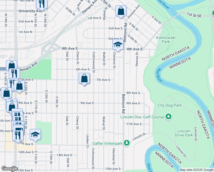 map of restaurants, bars, coffee shops, grocery stores, and more near 718 Walnut Street in Grand Forks