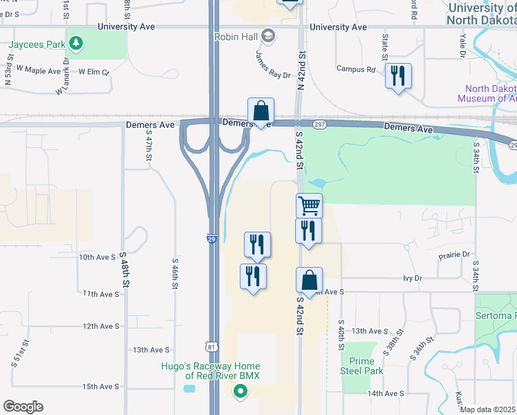 map of restaurants, bars, coffee shops, grocery stores, and more near 750 South 43rd Street in Grand Forks