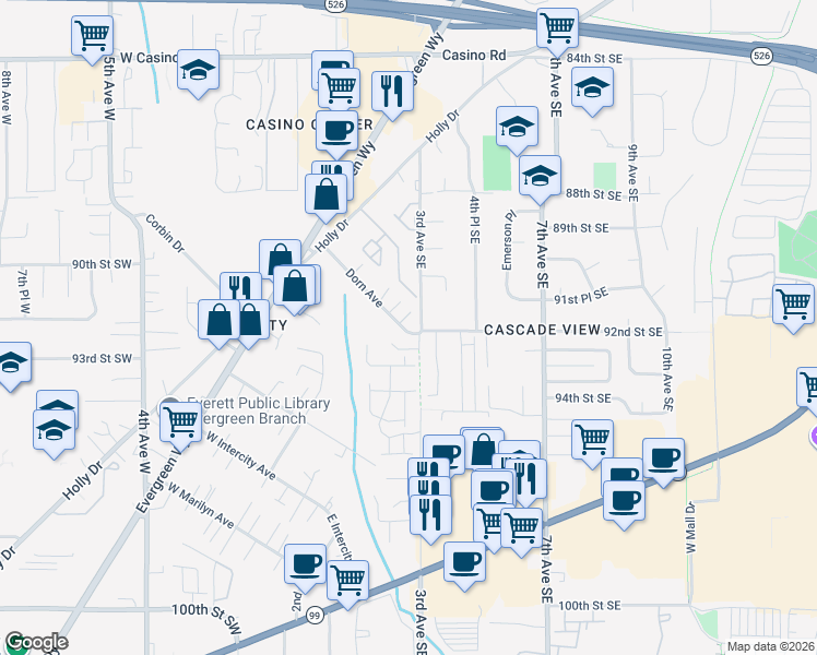 map of restaurants, bars, coffee shops, grocery stores, and more near 233 Dorn Avenue in Everett