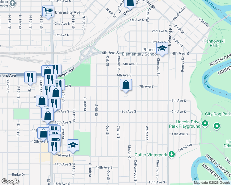 map of restaurants, bars, coffee shops, grocery stores, and more near 717 Oak Street in Grand Forks