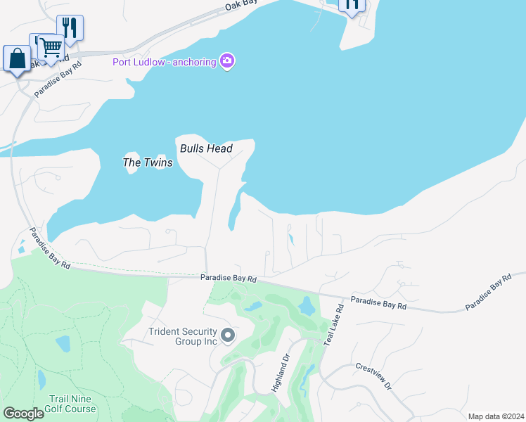 map of restaurants, bars, coffee shops, grocery stores, and more near 175 Lagoon Lane in Port Ludlow