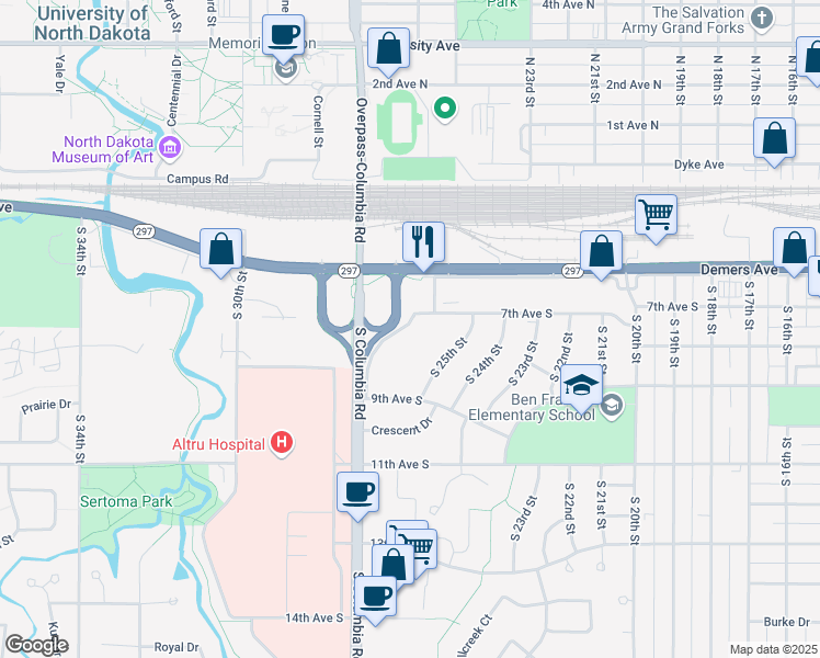 map of restaurants, bars, coffee shops, grocery stores, and more near 751 Kirkwood Drive in Grand Forks