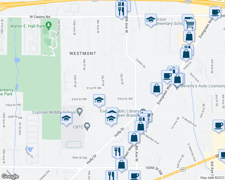 map of restaurants, bars, coffee shops, grocery stores, and more near 616 91st Place Southwest in Everett