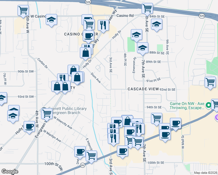 map of restaurants, bars, coffee shops, grocery stores, and more near 233 Dorn Avenue in Everett