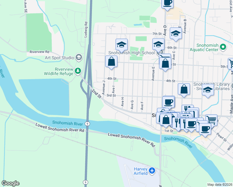 map of restaurants, bars, coffee shops, grocery stores, and more near 222 Avenue H in Snohomish