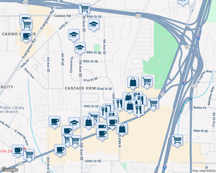 map of restaurants, bars, coffee shops, grocery stores, and more near 910 92nd Street Southeast in Everett
