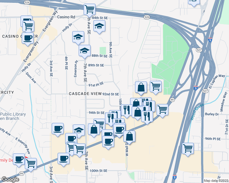 map of restaurants, bars, coffee shops, grocery stores, and more near 910 92nd Street Southeast in Everett