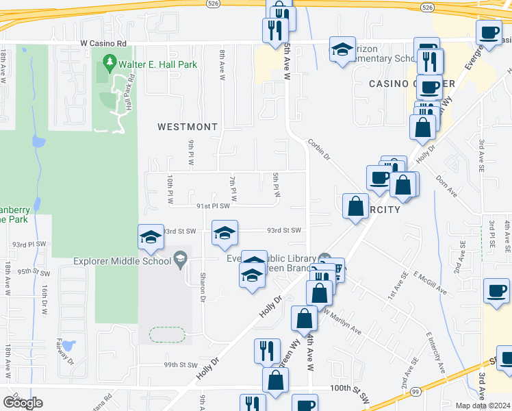 map of restaurants, bars, coffee shops, grocery stores, and more near 12324 5th Place West in Everett