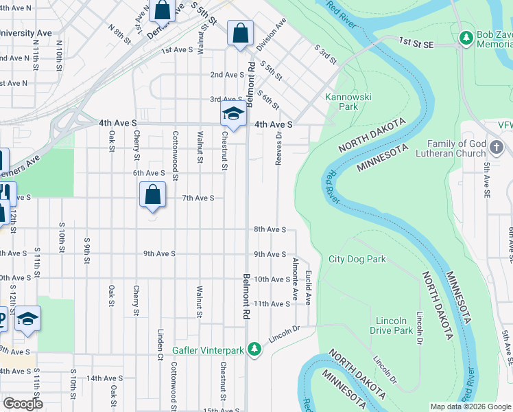 map of restaurants, bars, coffee shops, grocery stores, and more near 722 Reeves Drive in Grand Forks