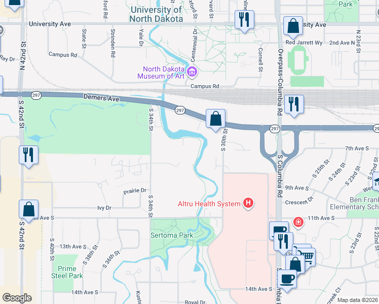 map of restaurants, bars, coffee shops, grocery stores, and more near 817 Duke Drive in Grand Forks