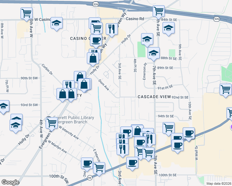 map of restaurants, bars, coffee shops, grocery stores, and more near 229 Dorn Avenue in Everett
