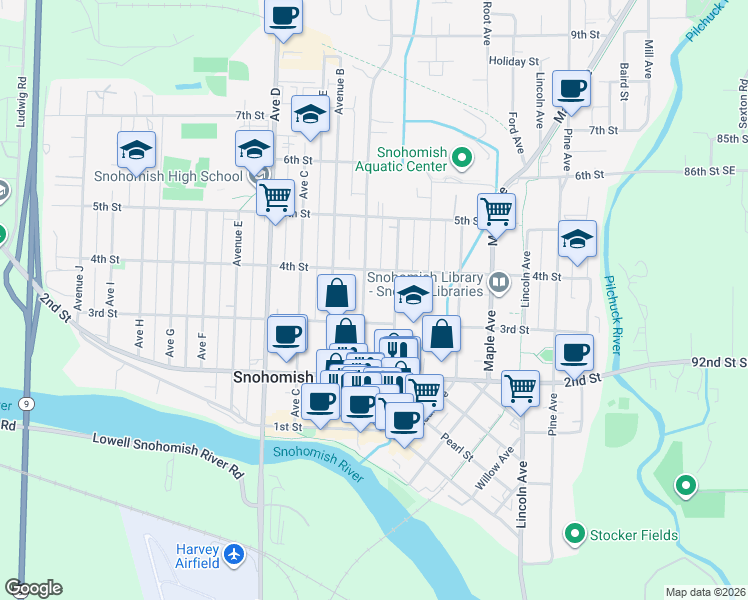 map of restaurants, bars, coffee shops, grocery stores, and more near 301 Avenue A in Snohomish