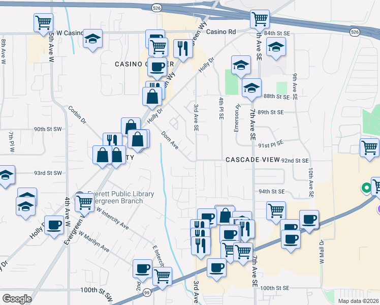 map of restaurants, bars, coffee shops, grocery stores, and more near 232 Dorn Avenue in Everett