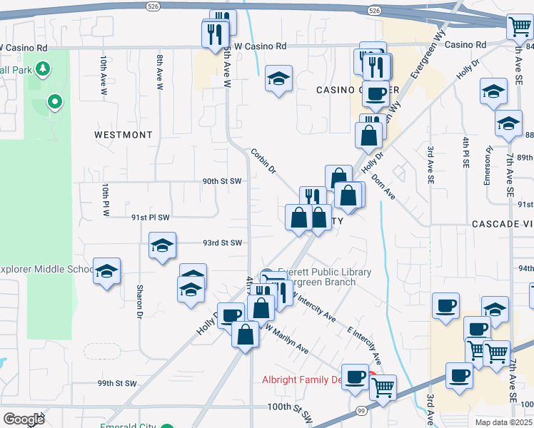 map of restaurants, bars, coffee shops, grocery stores, and more near 9201 4th Avenue West in Everett