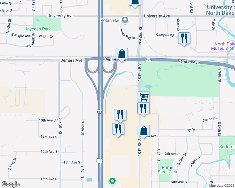 map of restaurants, bars, coffee shops, grocery stores, and more near 750 South 43rd Street in Grand Forks