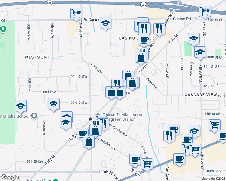 map of restaurants, bars, coffee shops, grocery stores, and more near 204 93rd Place Southwest in Everett