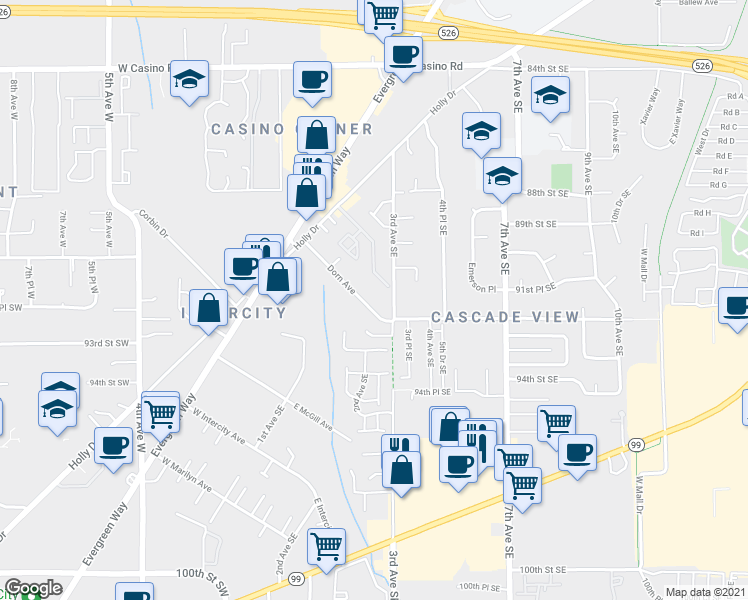 map of restaurants, bars, coffee shops, grocery stores, and more near 232 Dorn Avenue in Everett