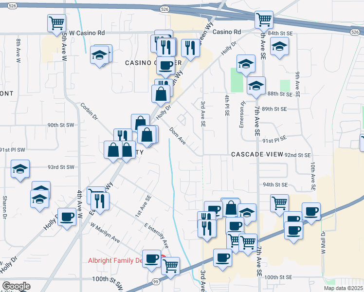 map of restaurants, bars, coffee shops, grocery stores, and more near 9212 1st Drive Southeast in Everett