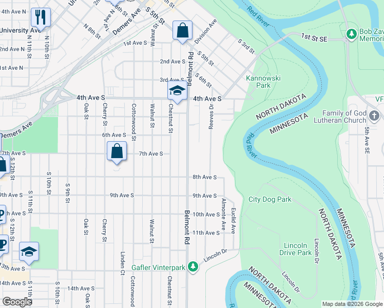 map of restaurants, bars, coffee shops, grocery stores, and more near 610 Belmont Road in Grand Forks