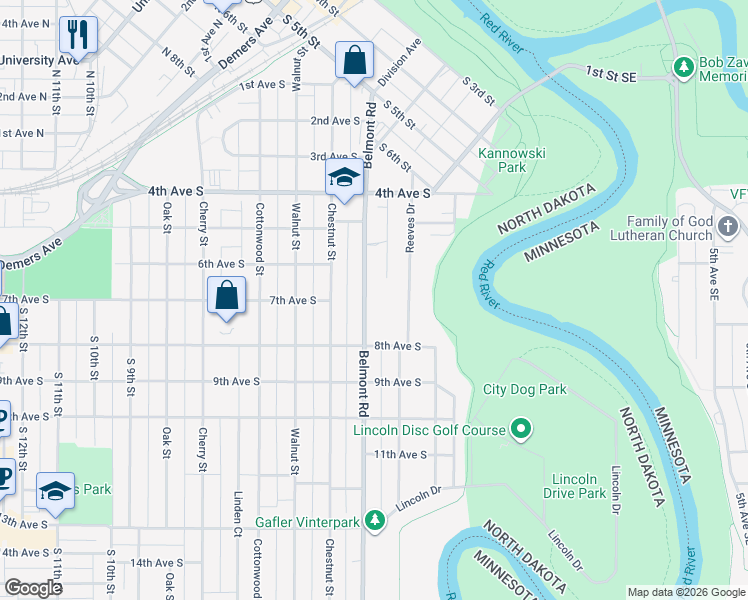 map of restaurants, bars, coffee shops, grocery stores, and more near 610 Belmont Road in Grand Forks