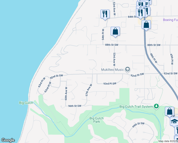 map of restaurants, bars, coffee shops, grocery stores, and more near 5705 92nd Street Southwest in Mukilteo