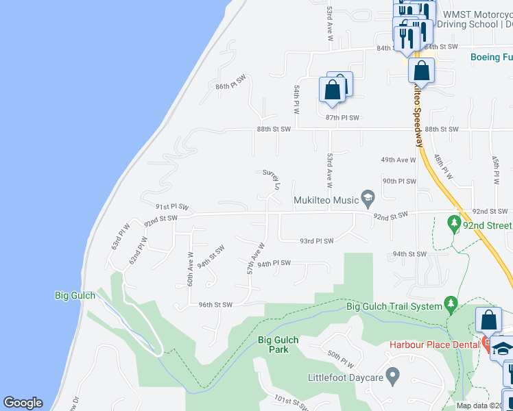 map of restaurants, bars, coffee shops, grocery stores, and more near 5705 92nd Street Southwest in Mukilteo