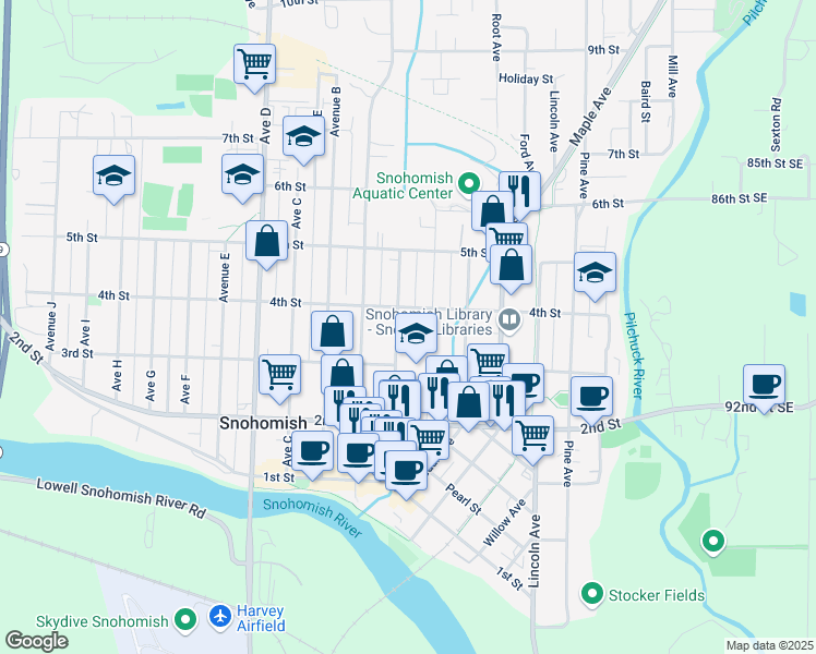 map of restaurants, bars, coffee shops, grocery stores, and more near 401 Union Avenue in Snohomish