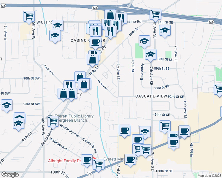 map of restaurants, bars, coffee shops, grocery stores, and more near 8823 Holly Drive in Everett