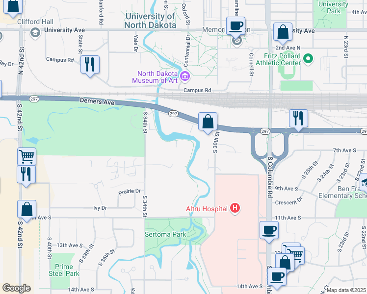 map of restaurants, bars, coffee shops, grocery stores, and more near 817 Dukerks Duke Drive in Grand Forks