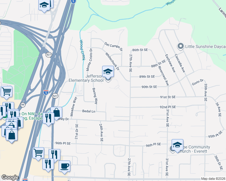 map of restaurants, bars, coffee shops, grocery stores, and more near 2500 Cadet Way in Everett