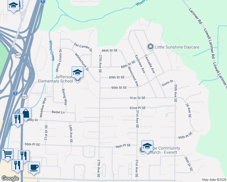 map of restaurants, bars, coffee shops, grocery stores, and more near 2805 90th Street Southeast in Everett