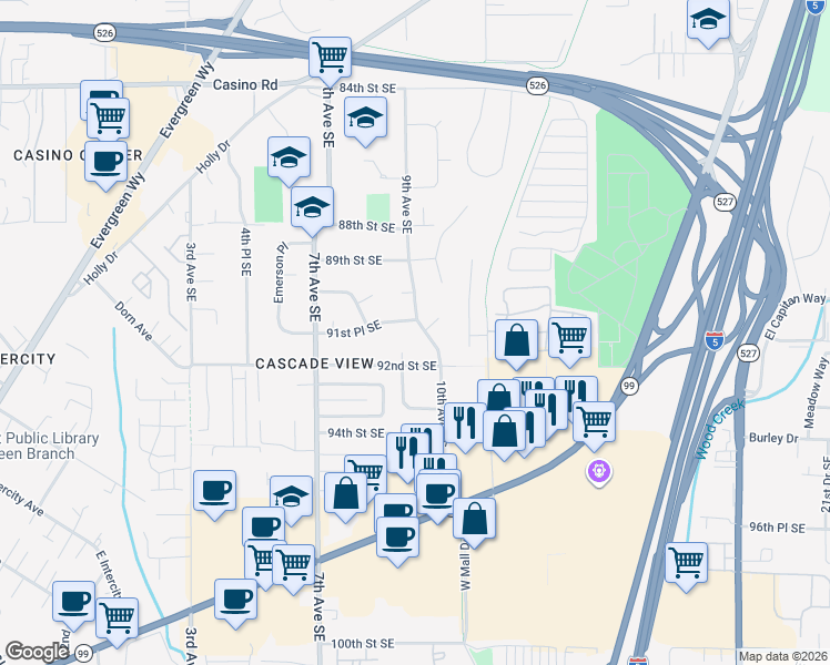 map of restaurants, bars, coffee shops, grocery stores, and more near 9018 9th Avenue Southeast in Everett