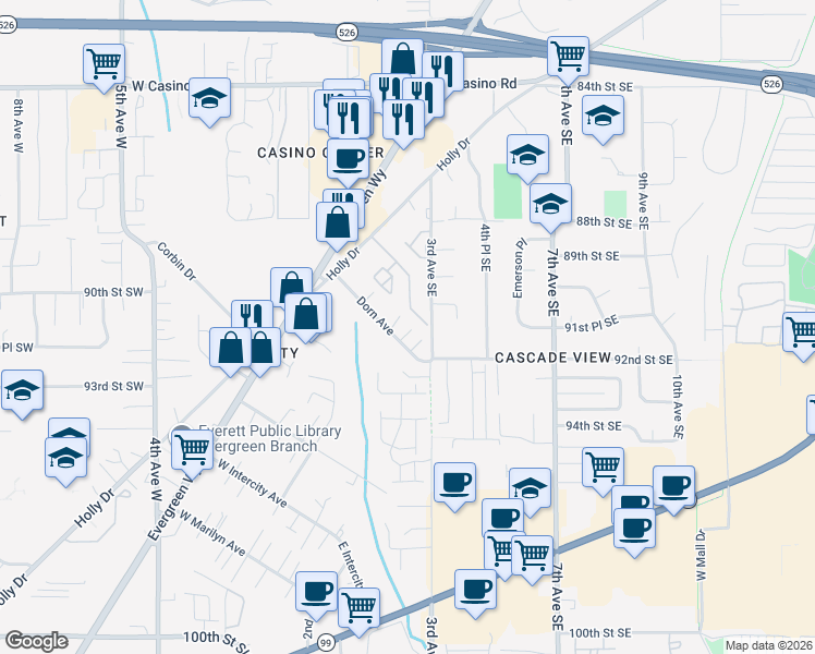map of restaurants, bars, coffee shops, grocery stores, and more near 8823 Holly Drive in Everett