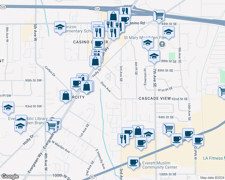 map of restaurants, bars, coffee shops, grocery stores, and more near 8823 Holly Drive in Everett