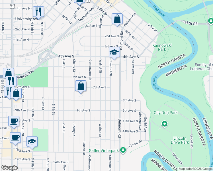 map of restaurants, bars, coffee shops, grocery stores, and more near 608 Chestnut Street in Grand Forks