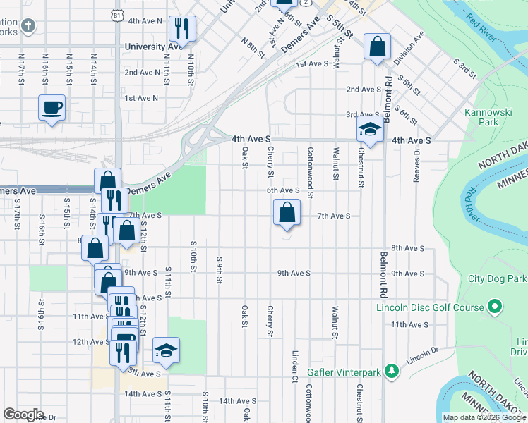 map of restaurants, bars, coffee shops, grocery stores, and more near 605 Oak St in Grand Forks