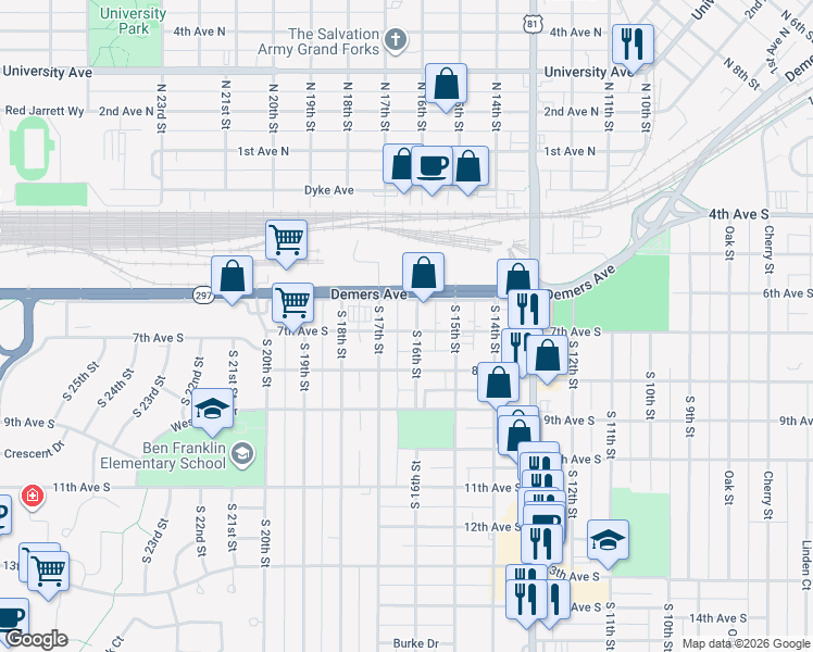 map of restaurants, bars, coffee shops, grocery stores, and more near 1607 Demers Ave in Grand Forks