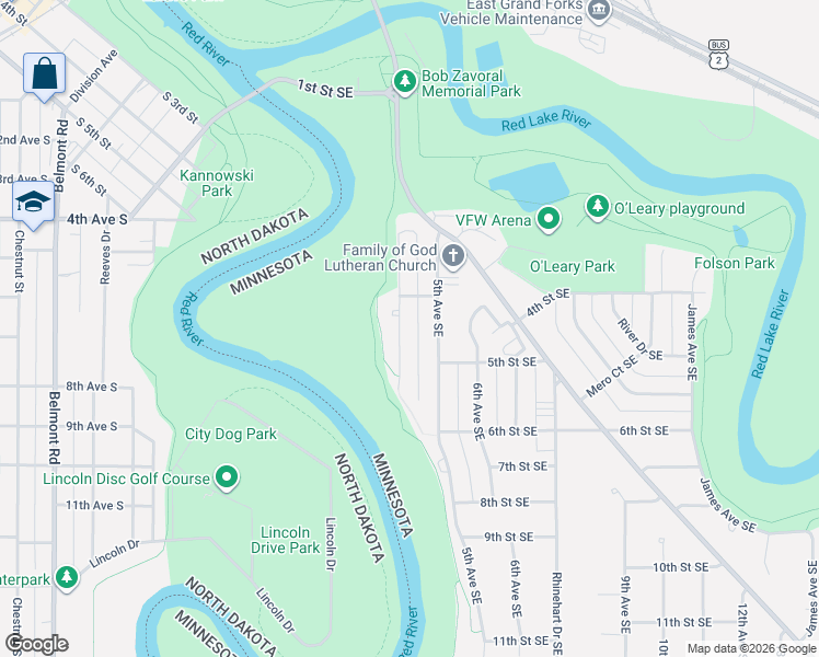 map of restaurants, bars, coffee shops, grocery stores, and more near 411 3rd Avenue Southeast in East Grand Forks
