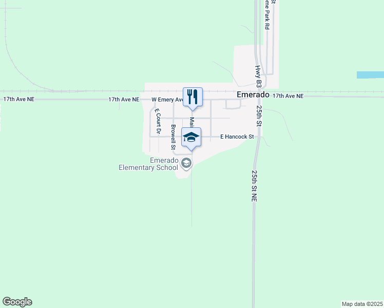 map of restaurants, bars, coffee shops, grocery stores, and more near 501 Main Street in Emerado