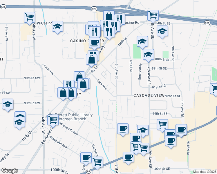 map of restaurants, bars, coffee shops, grocery stores, and more near 8823 Holly Drive in Everett