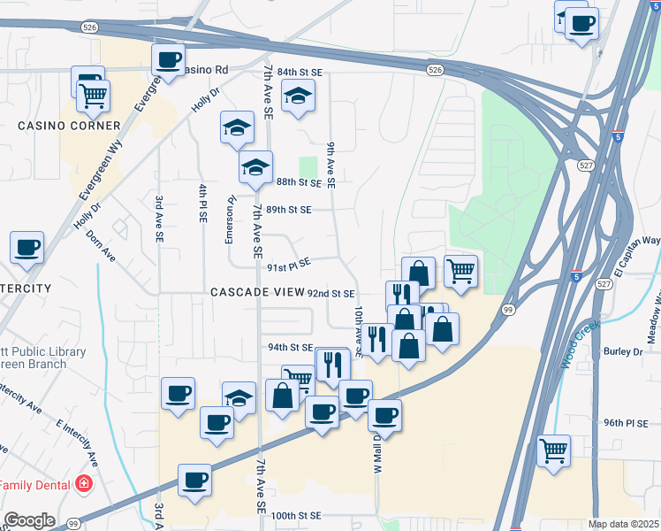 map of restaurants, bars, coffee shops, grocery stores, and more near 818 91st Place Southeast in Everett