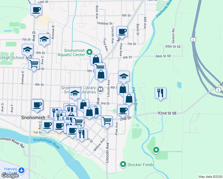 map of restaurants, bars, coffee shops, grocery stores, and more near 411 4th Street in Snohomish