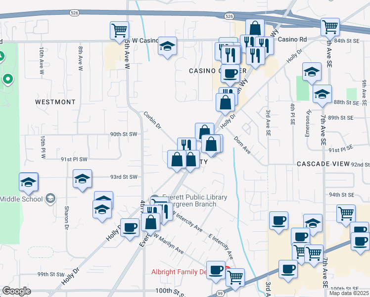 map of restaurants, bars, coffee shops, grocery stores, and more near 9101 Corbin Drive in Everett