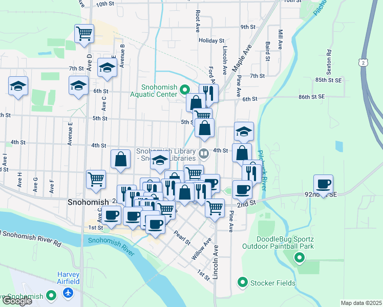 map of restaurants, bars, coffee shops, grocery stores, and more near 614 4th Street in Snohomish