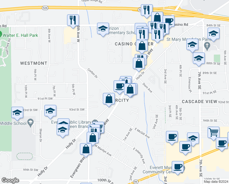 map of restaurants, bars, coffee shops, grocery stores, and more near 9025 Corbin Drive in Everett