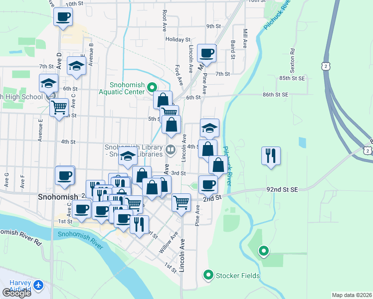 map of restaurants, bars, coffee shops, grocery stores, and more near 329 Lincoln Avenue in Snohomish