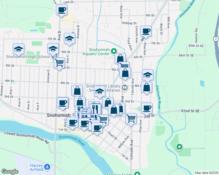 map of restaurants, bars, coffee shops, grocery stores, and more near 712 4th Street in Snohomish